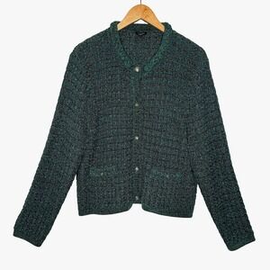 Talbots Chenille Crewneck Cardigan Metallic Thread Green Plaid XL Preppy Classic